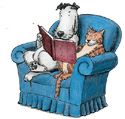 dog and cat reading in chair
