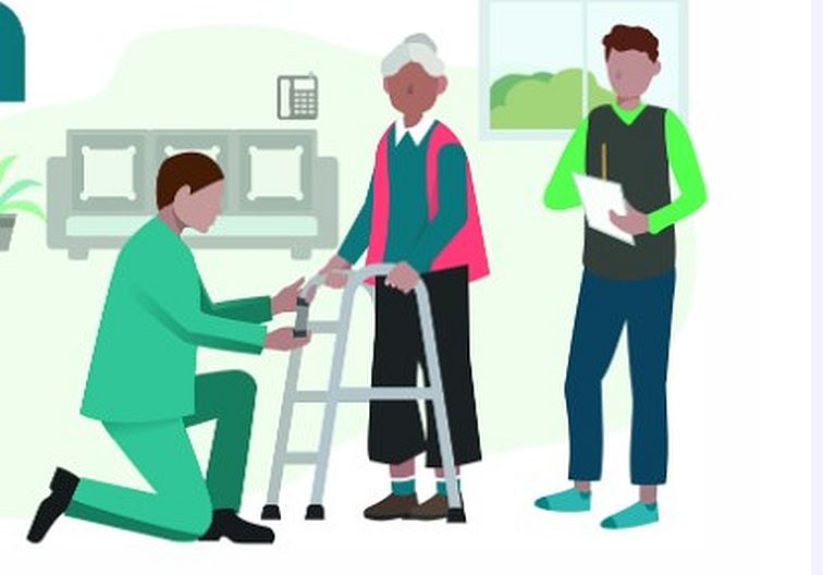 Illustration of older adult woman being fitted for a walker by a healthcare worker