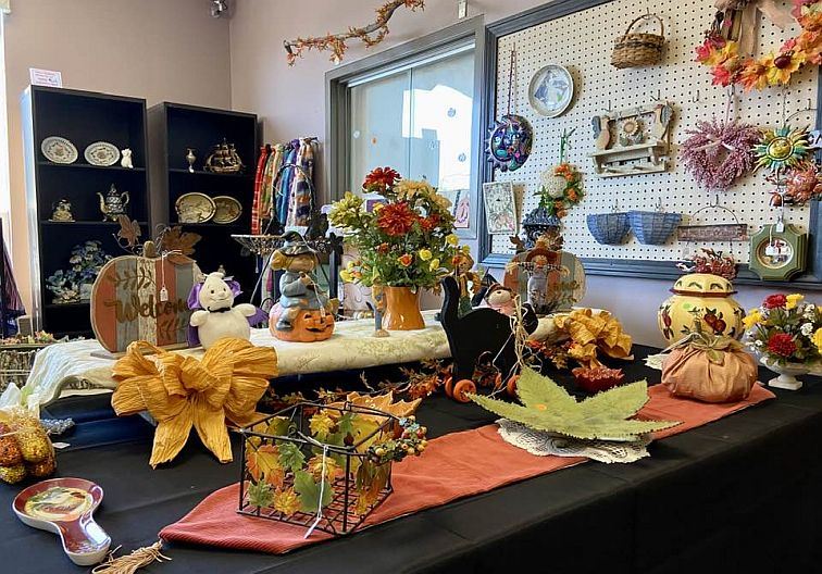 Photo of the senior and disabled center gift shop with tables of fall decor and merchandise