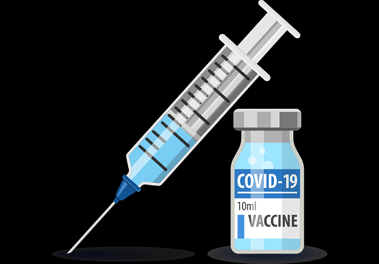 Illustration of covid vaccine vial and needle on a black background