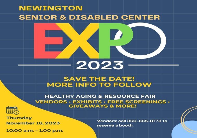 Save the date image for Senior Center Expo - 11/16/23.  Dark blue background, yellow & white text
