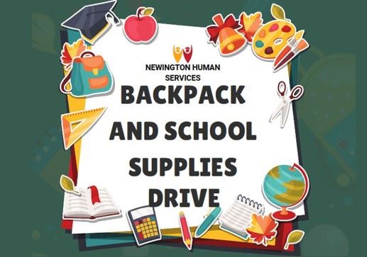 Green background with colorful backpacks and school supplies