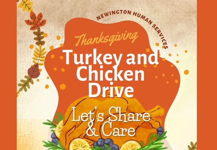 Image of cooked turkey surrounded by veggies and desserts with orange and brown background.