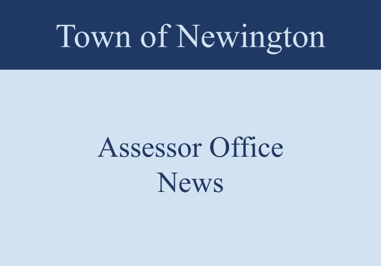Dark blue box saying town of Newington over a light blue box saying assessor news