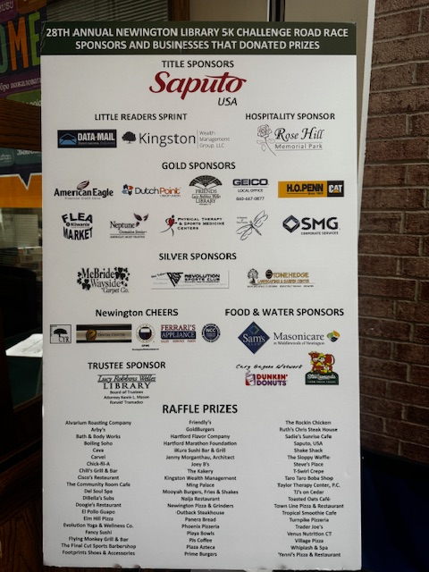 Sponsor sign that lists all of the race sponsors and businesses that donated