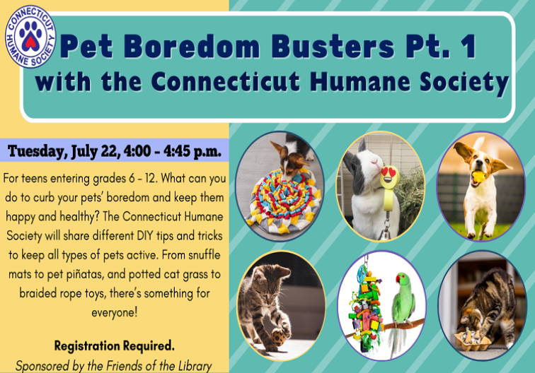 Pet Boredom Busters Pt.1  Tuesday, July 22, 4:00 – 4:45 p.m.