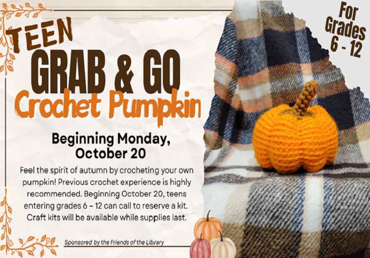Teen Grab and Go Crochet Pumpkin kit beginning October 20
