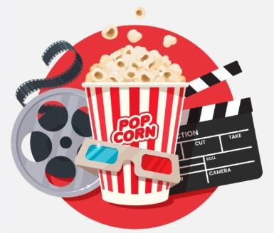 Image featuring a film reel, popcorn, and a clapperboard.