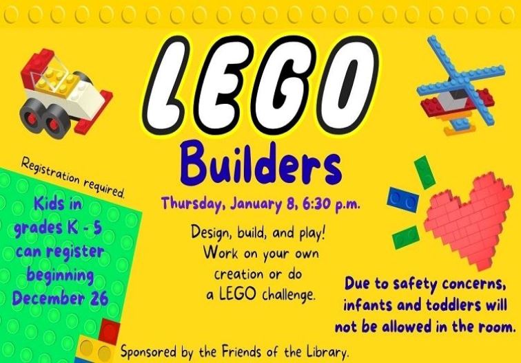 Lego Builders Thursday, January 8 at 6:30 pm