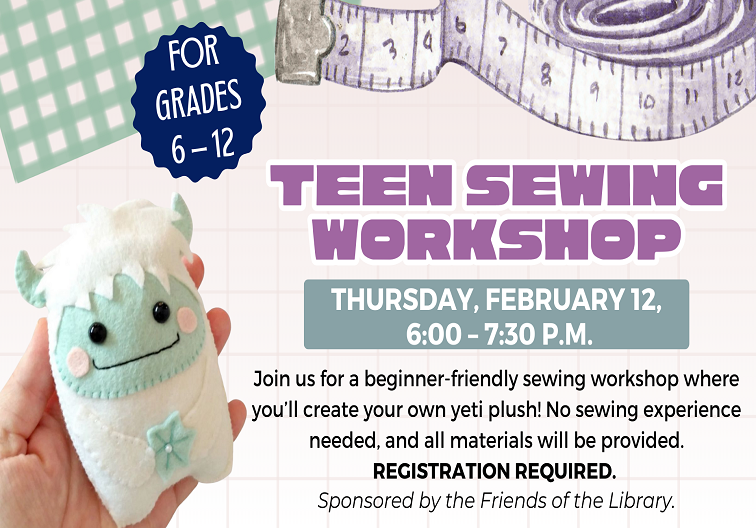 Teen Sewing Workshop: Yeti Plush on February 12 from 6:00 - 7:30 pm