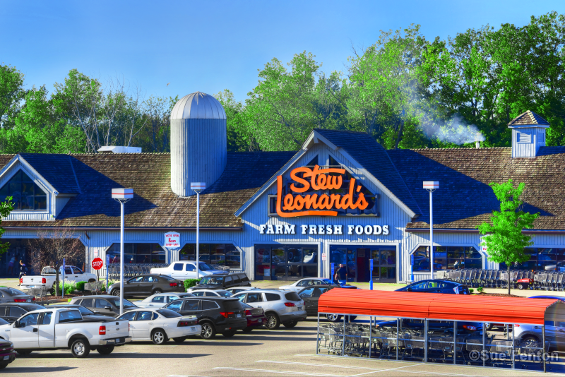 Parking lot view of Stew Leonard Supermarket front business entrance