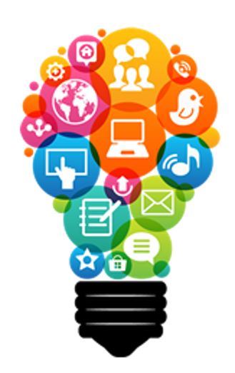 Cartoon image of a lightbulb with various colors and icons 