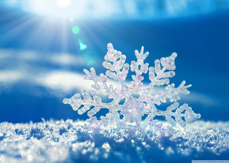 Sparkly white snowflake on a blue background