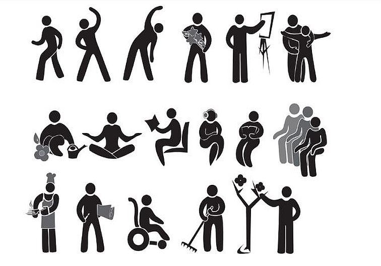 Clip art of people standing, stretching, reading, gardening and exercising