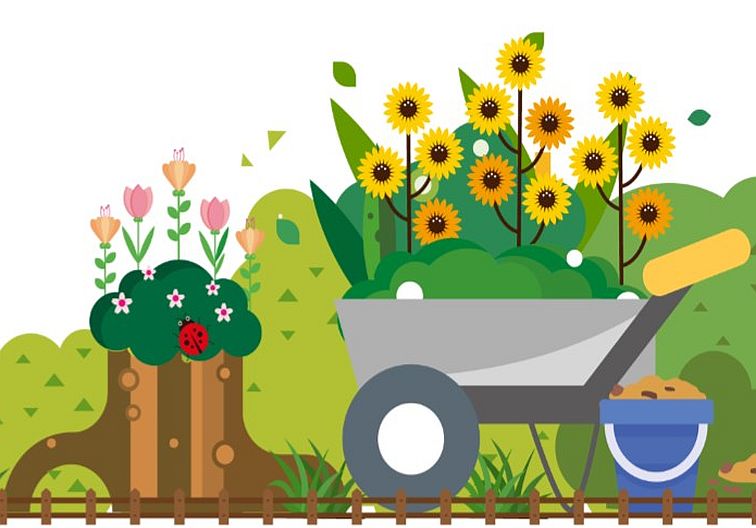 Cartoon image of garden cart, flowers and plants