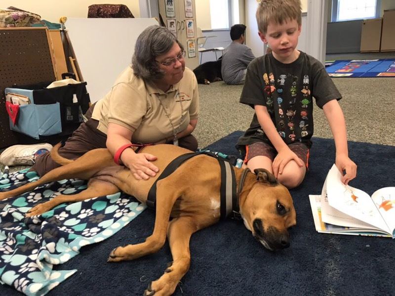 Oscar reading to dog named Ellie