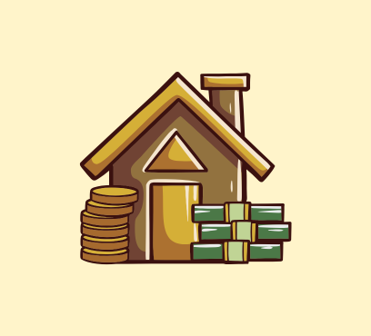 Cartoon icon of a house with money stacked next to it